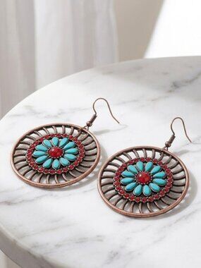 Aztec Round Teal Hoop Earrings